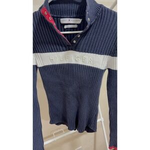 Tommy Hilfiger Jeans Ribbed Logo Sweater Women's M Navy White Stripe Y2K‎ Preppy